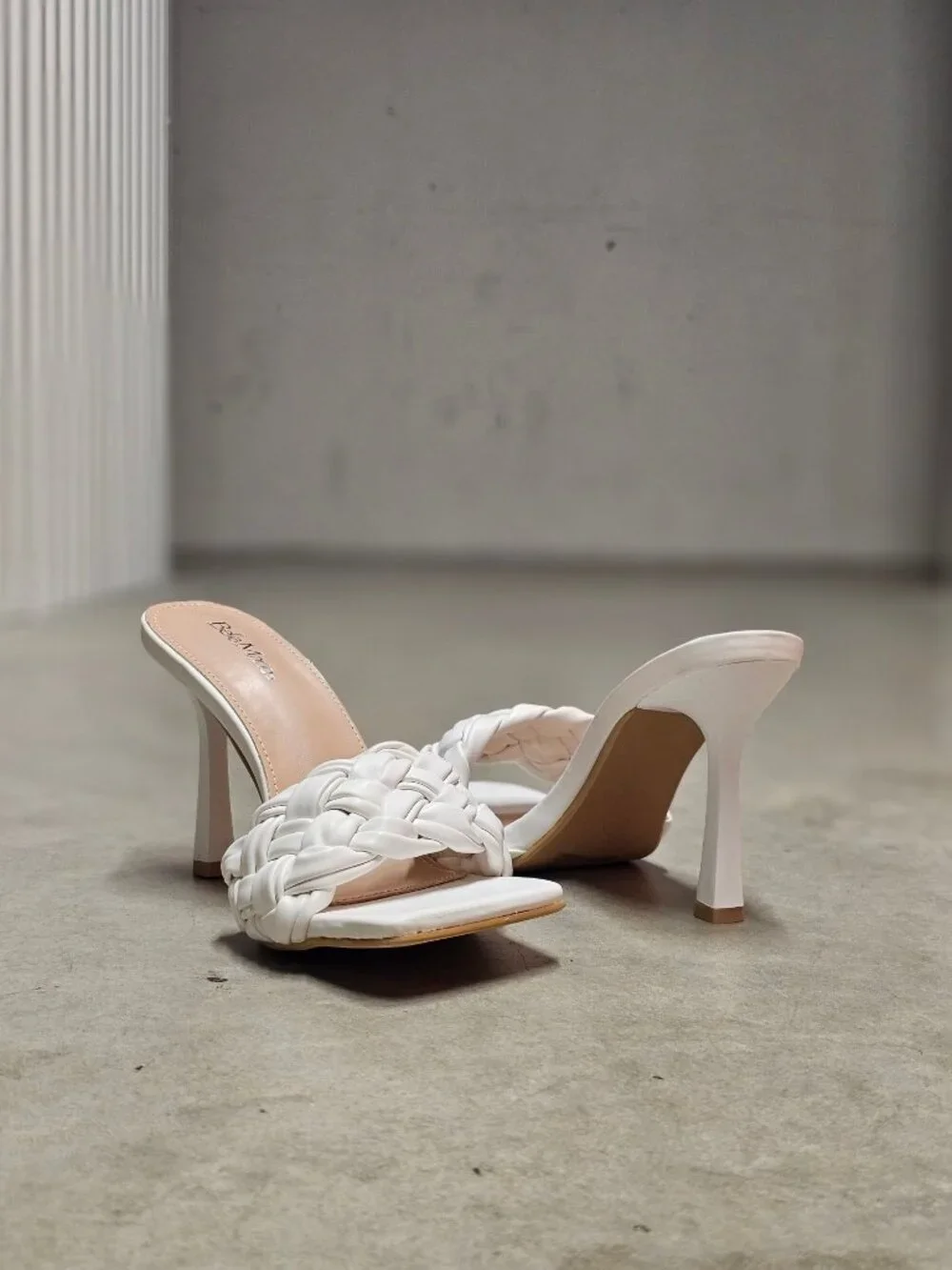 Braided White Heeled Mules With Square-Toe Design & Stiletto Heels